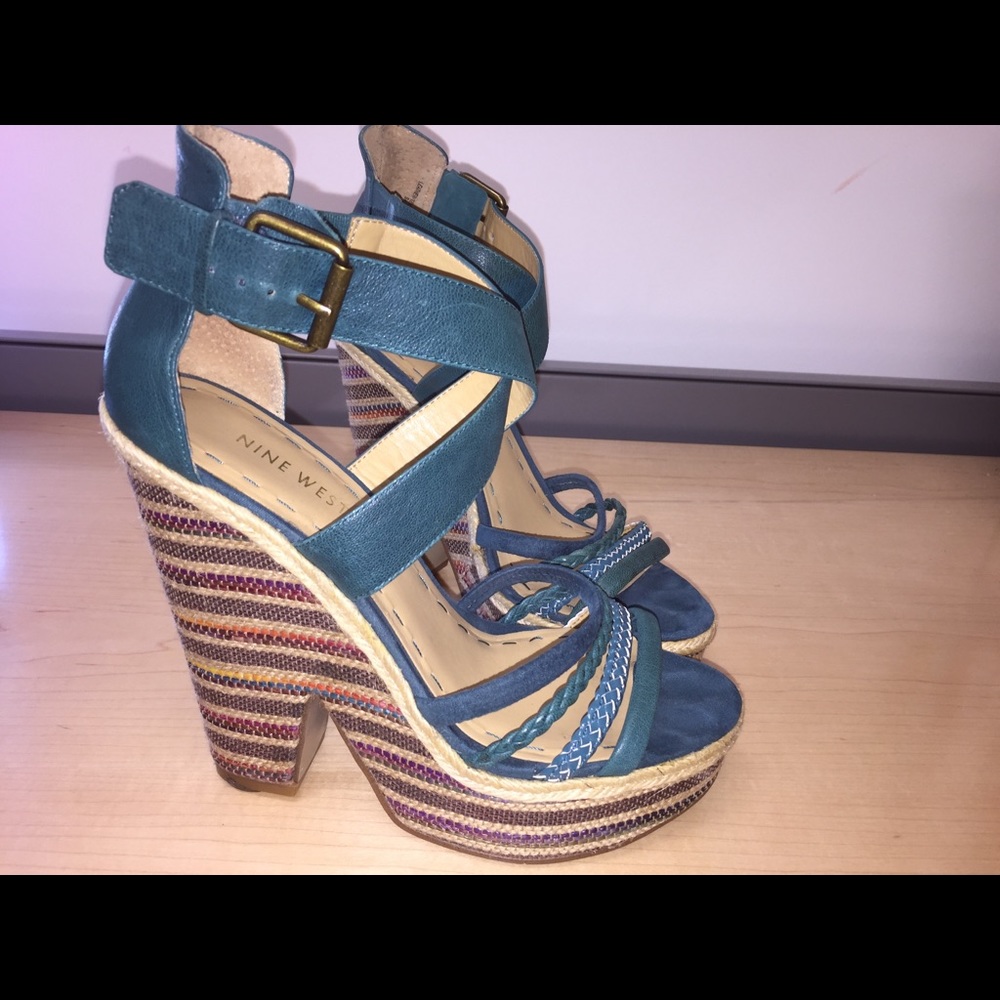 Teal leather sandals with chunky heels